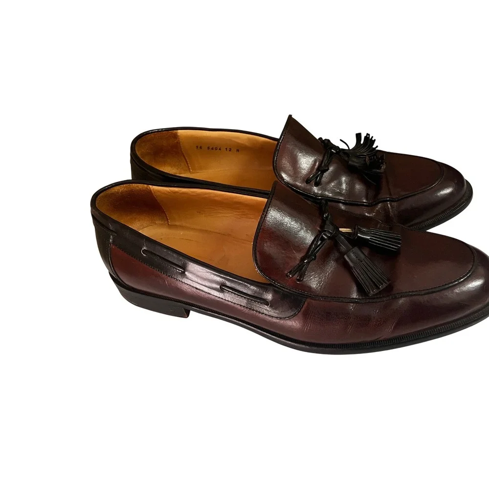 Johnston & Murphy Mens Tassel Loafers‎ Burgundy Black Leather Made in Italy 12 M